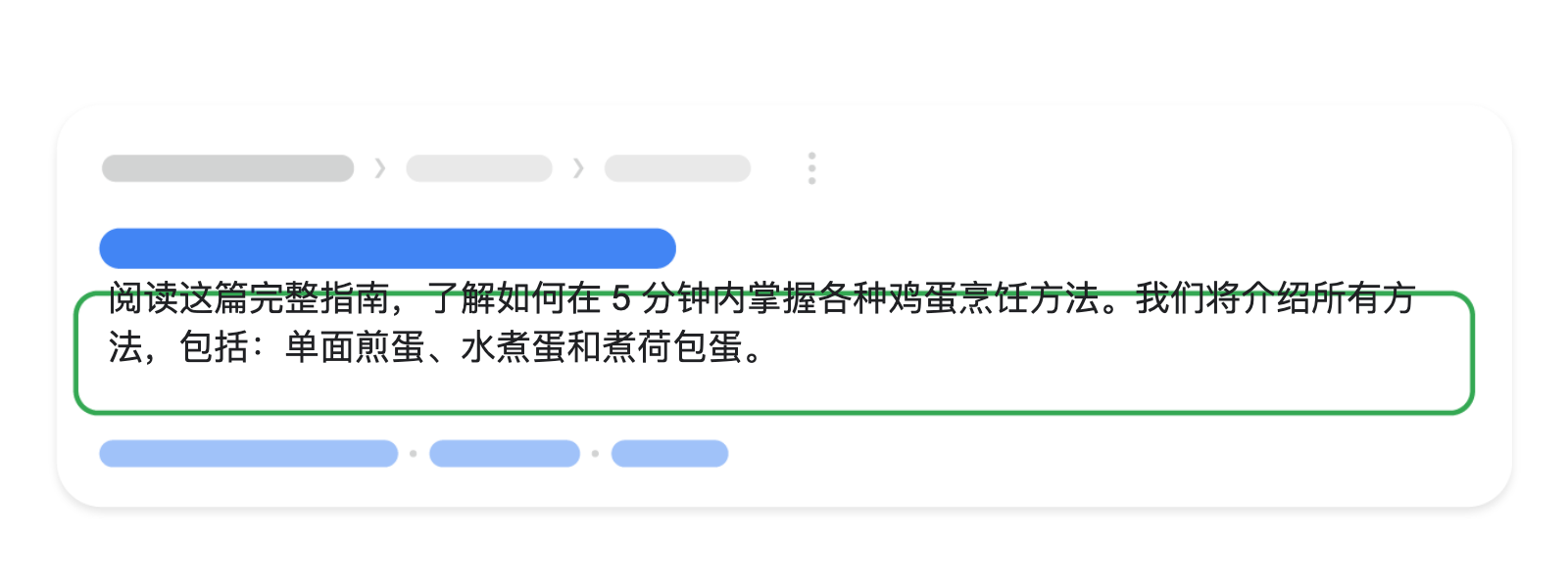 该图示展示了 Google 搜索中的一条文本搜索结果,其中用突出显示的框圈出摘要部分