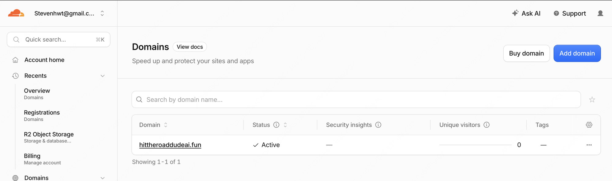 Cloudflare Domains 页面显示 hittheroaddudeai.fun 状态为 Active