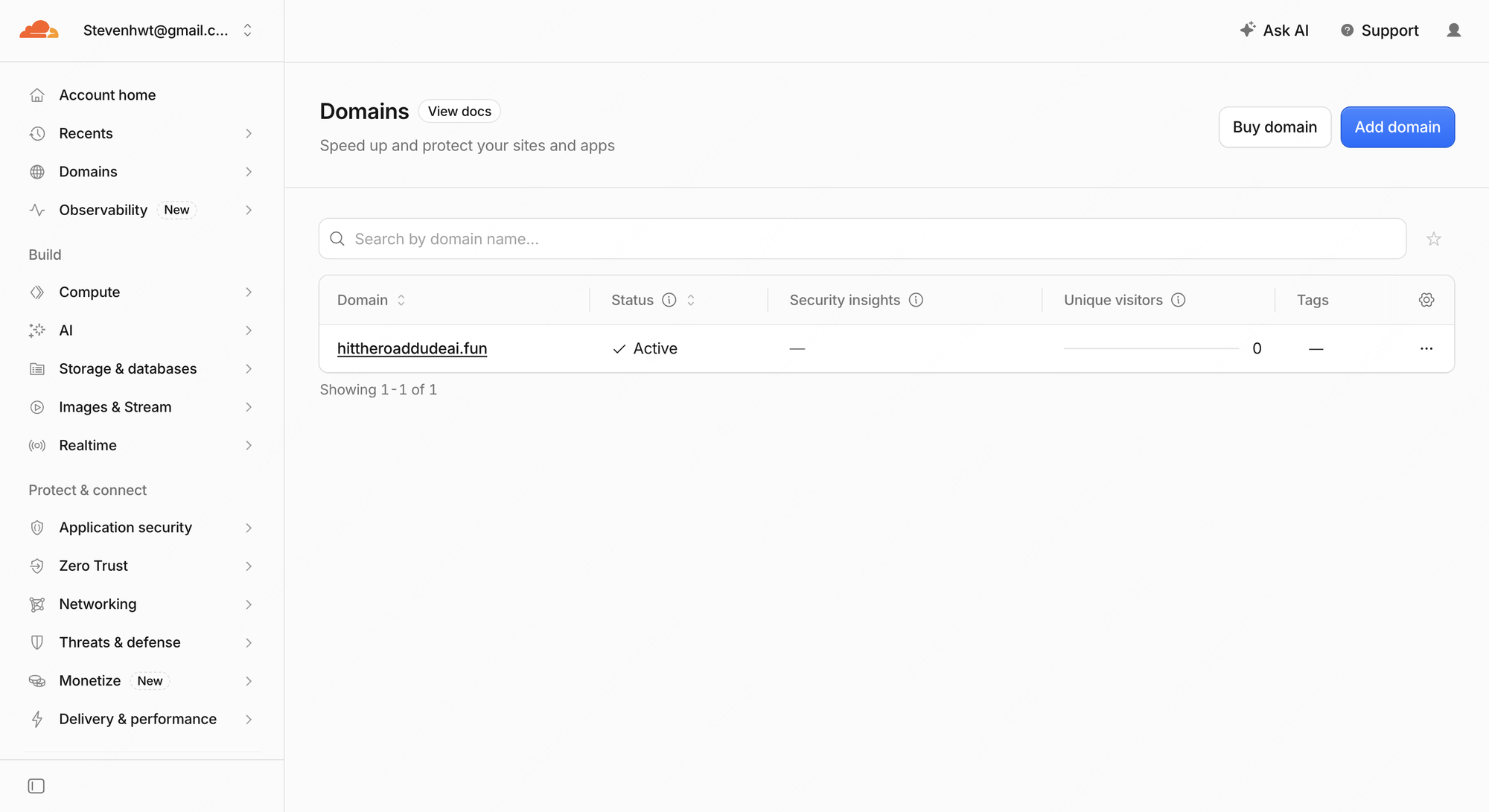 Cloudflare 左侧菜单 Domains 页面,Workers 入口不在此处