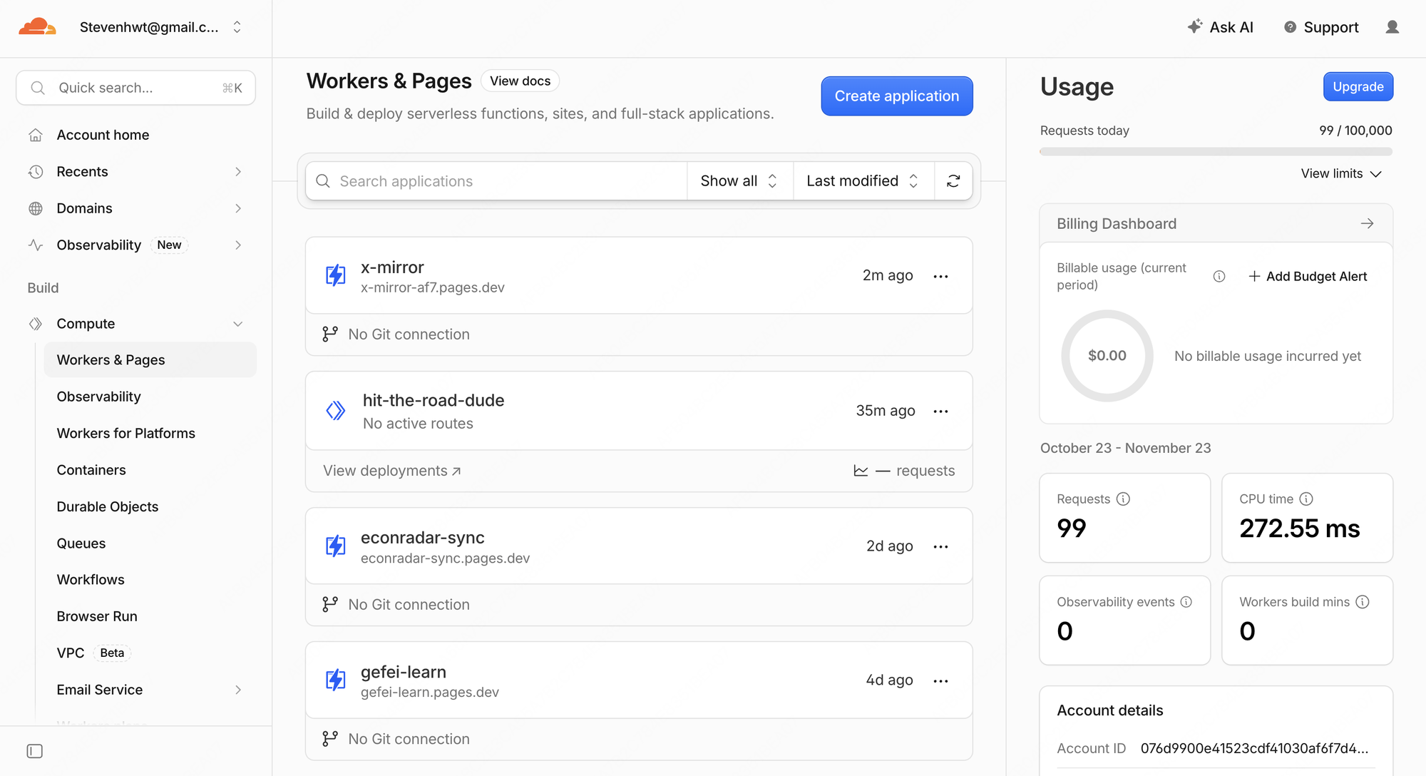 Cloudflare Workers & Pages 列表,显示多个 Pages 项目和 hit-the-road-dude Worker