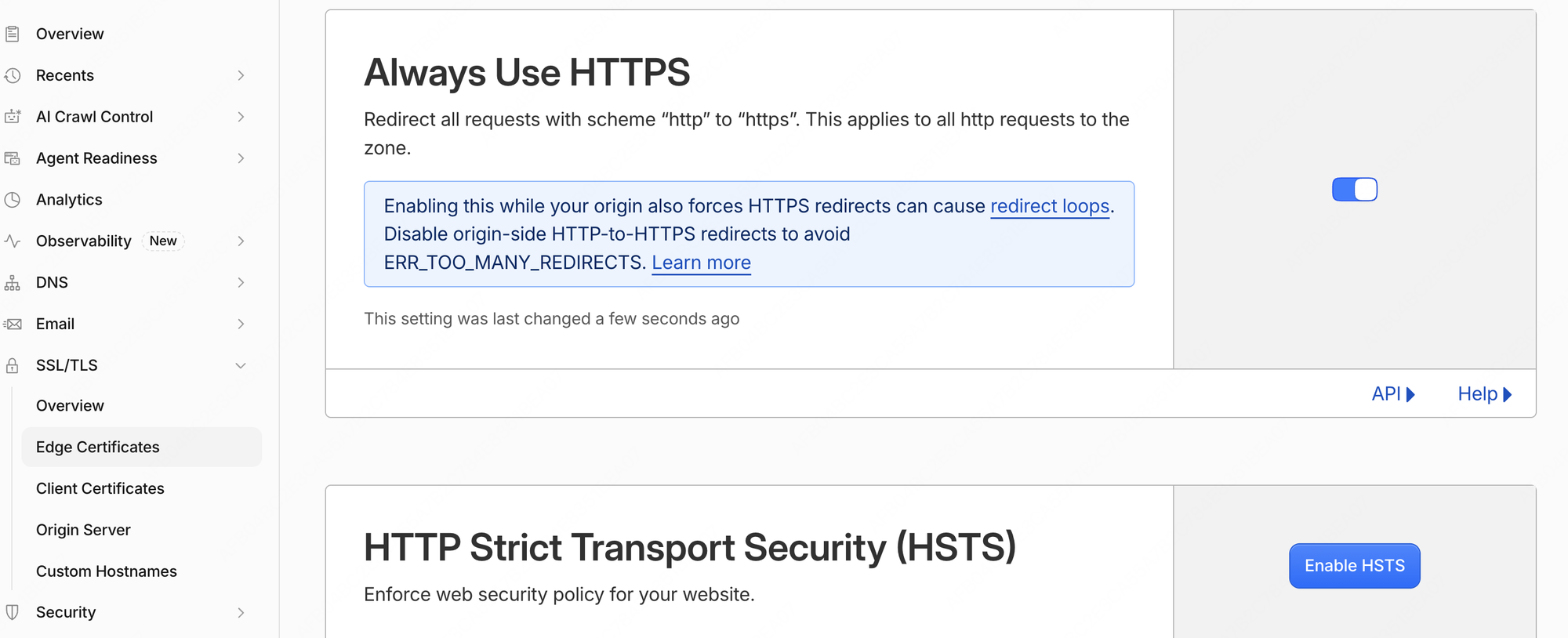 Cloudflare SSL/TLS Edge Certificates 页面,Always Use HTTPS 开关已开启,下方是 HTTP Strict Transport Security 设置