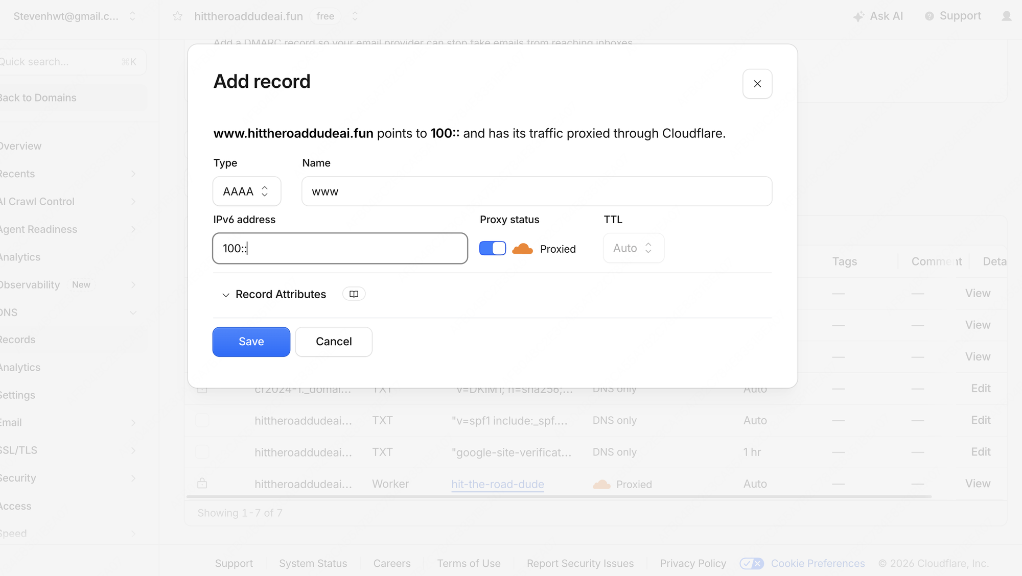 Cloudflare Add record 弹窗:Type 为 AAAA,Name 为 www,IPv6 address 为 100::,Proxy status 为 Proxied