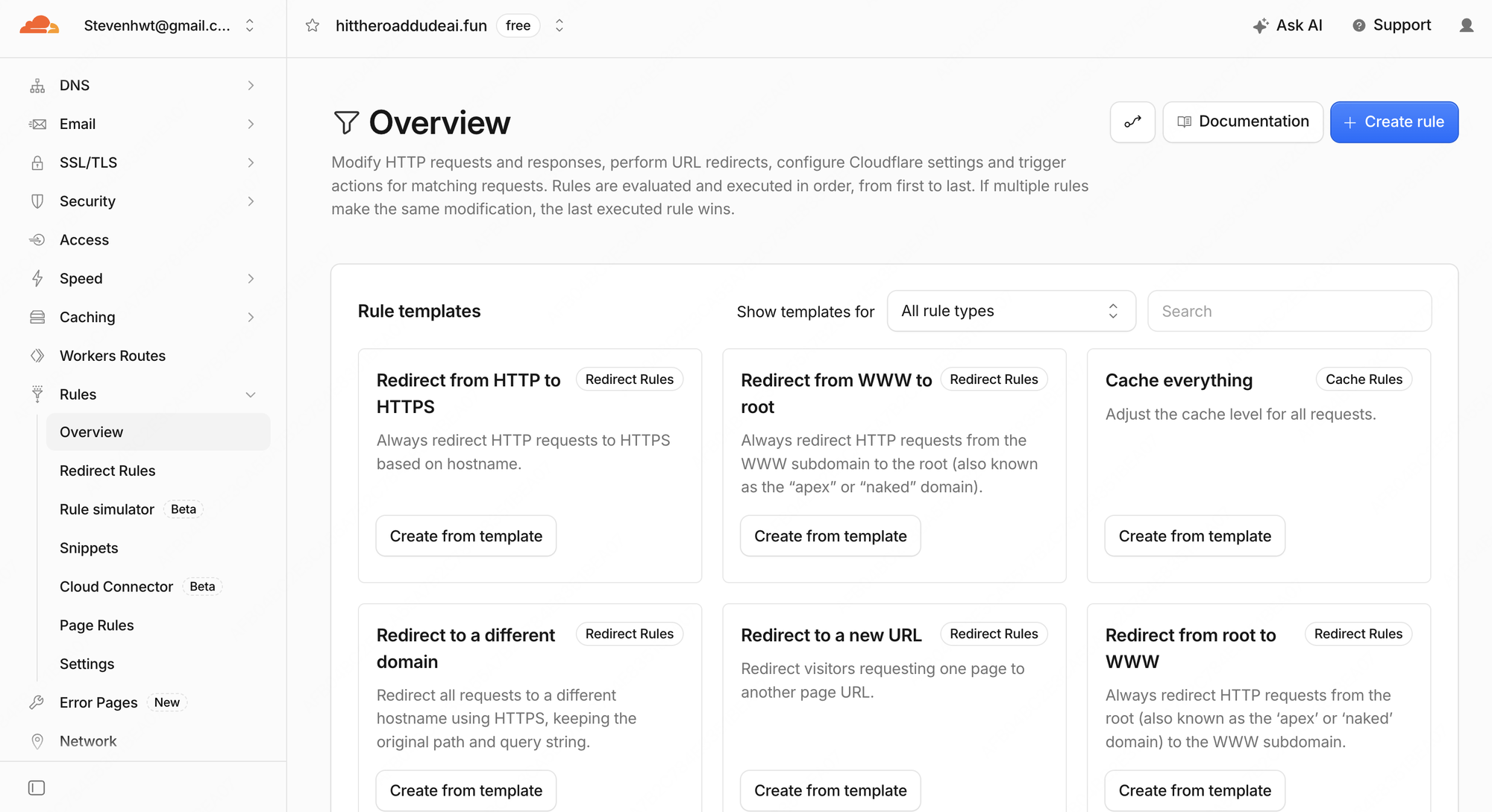 Cloudflare Rules Overview 页面,中间有 Redirect from WWW to root 模板卡片