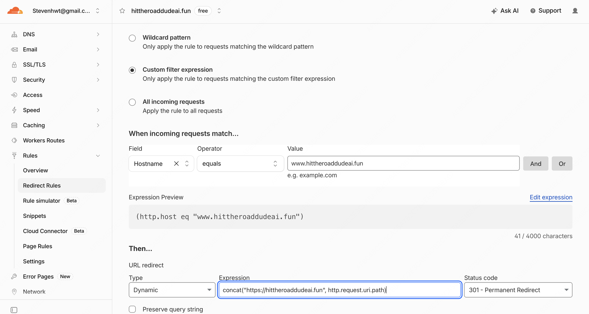 Cloudflare Redirect Rules 配置表单:Hostname equals www.hittheroaddudeai.fun,Dynamic 表达式 concat("https://hittheroaddudeai.fun", http.request.uri.path),301 状态码与 Preserve query string
