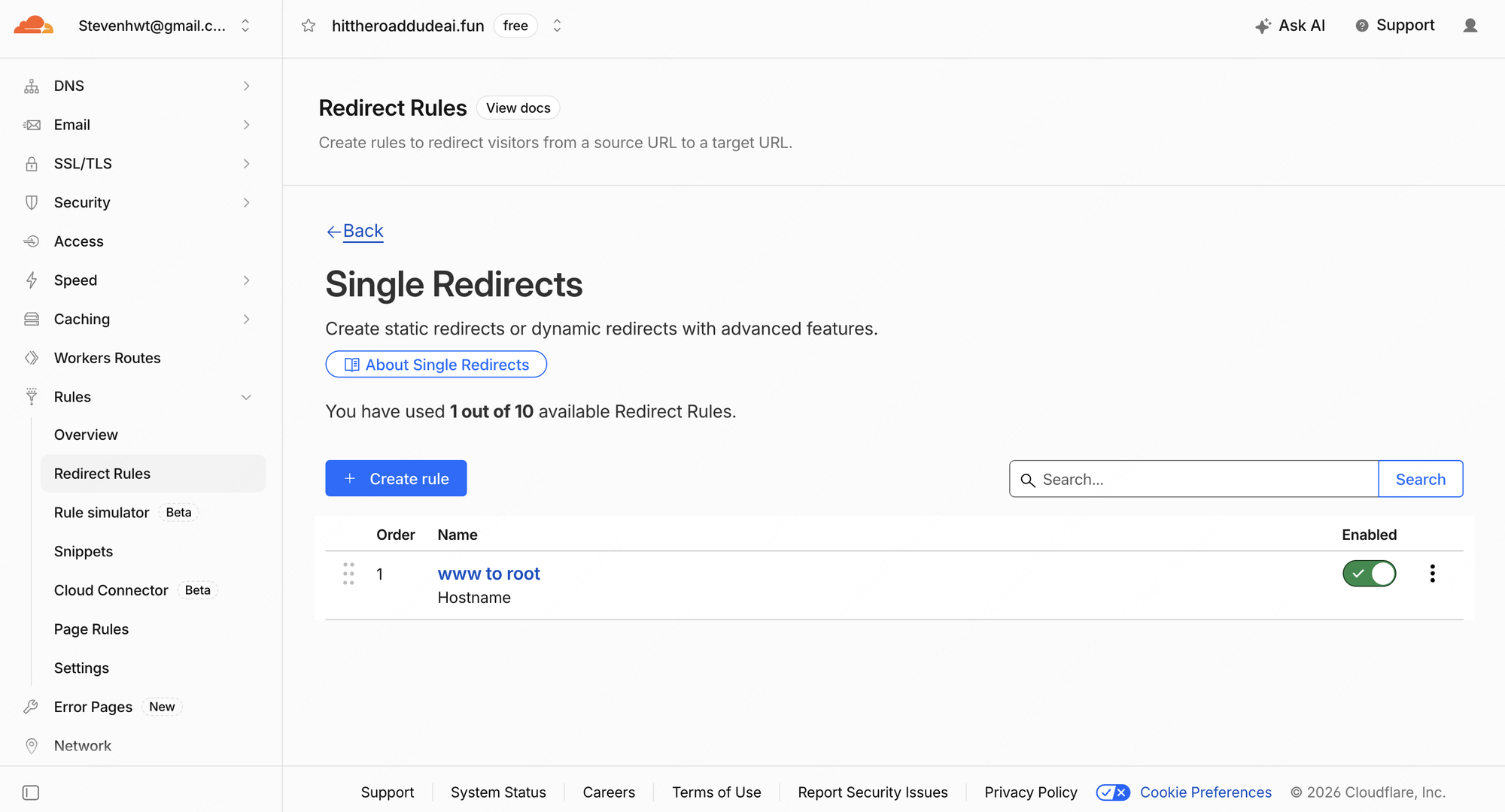 Cloudflare Single Redirects 列表显示 www to root 规则处于绿色 Enabled 状态