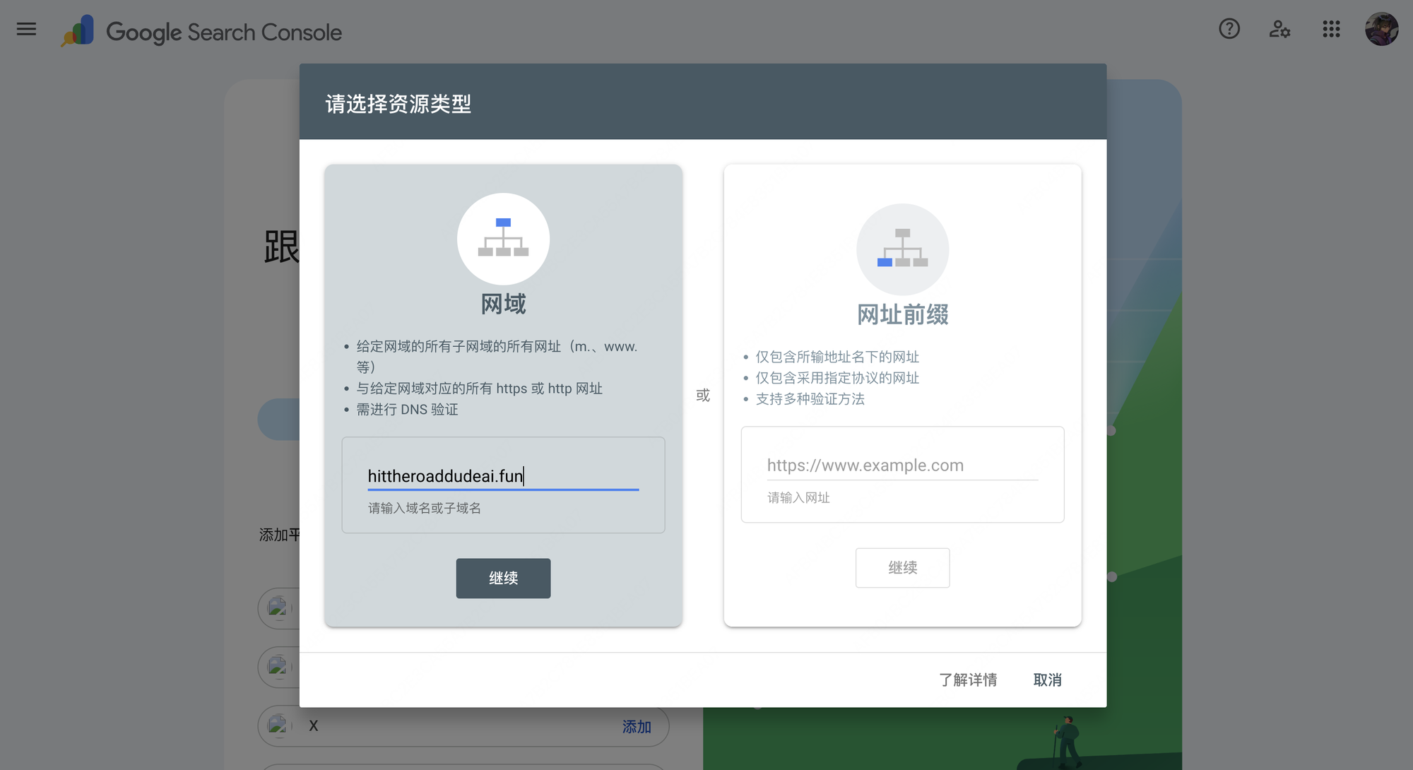 Google Search Console 选择资源类型弹窗,左侧网域输入框填写 hittheroaddudeai.fun