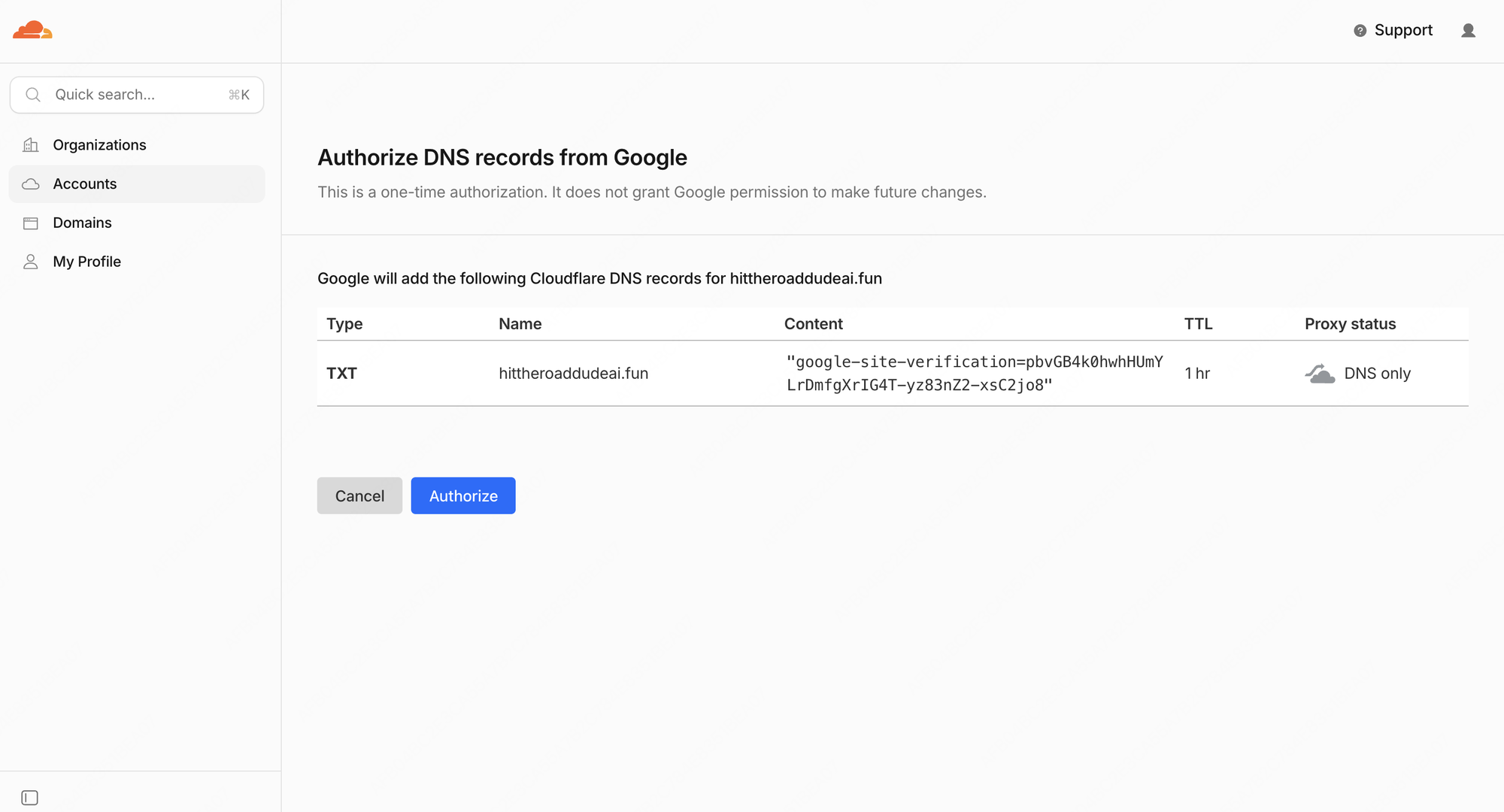 Cloudflare 授权页面显示 Google 将为 hittheroaddudeai.fun 添加一条 google-site-verification TXT 记录,下方有蓝色 Authorize 按钮