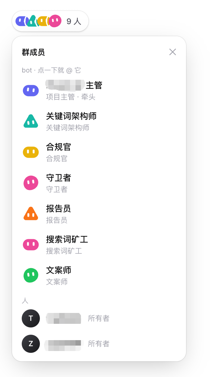 广告投放 Agent 群成员界面截图,包含主管、关键词架构师、合规官、守卫者、报告员、搜索词矿工和文案师等角色