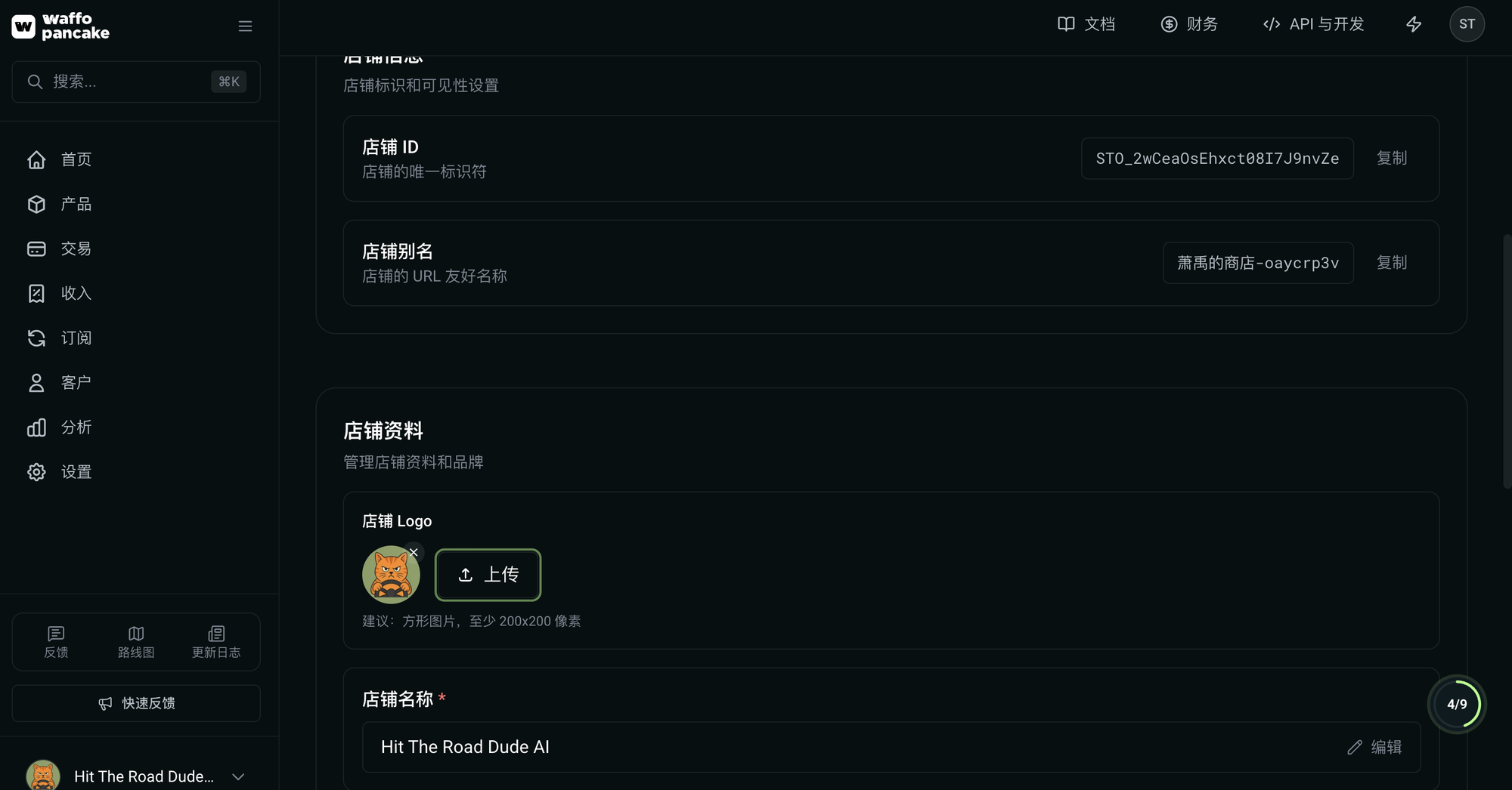 上传方形橘猫 Logo 并将店铺名称改为 Hit The Road Dude AI